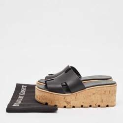 Hermes Black Leather Eze Cork Platform Wedge Sandals Size 38