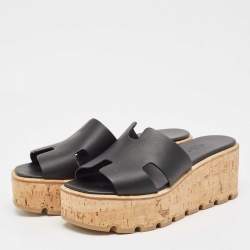 Hermes Black Leather Eze Cork Platform Wedge Sandals Size 38