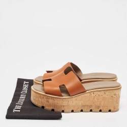 Hermes Brown Leather Eze Platform Cork Wedge Sandals Size 38