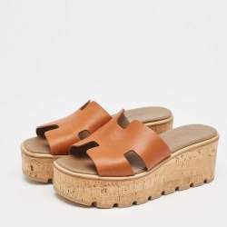 Hermes Brown Leather Eze Platform Cork Wedge Sandals Size 38