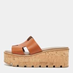 Hermes Brown Leather Eze Platform Cork Wedge Sandals Size 38