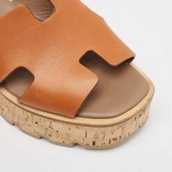 Hermes Brown Leather Eze Platform Cork Wedge Sandals Size 38