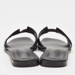 مملوكة مسبقًا Hermes Black Leather Oran Flat Slides Size 38