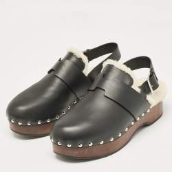Hermes Black Leather and Shearling Carlotta Clogs Size 40