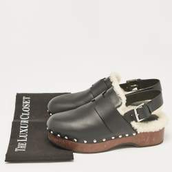 Hermes Black Leather and Shearling Carlotta Clogs Size 40