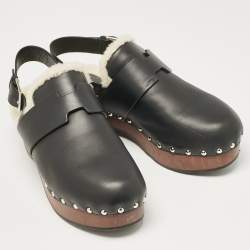 Hermes Black Leather and Shearling Carlotta Clogs Size 40