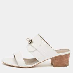 Hermes White Leather Ovation Slide Sandals Size 37.5