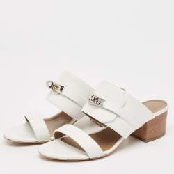 Hermes White Leather Ovation Slide Sandals Size 37.5