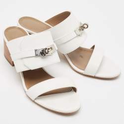 Hermes White Leather Ovation Slide Sandals Size 37.5