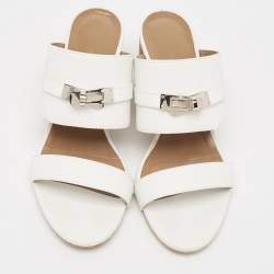 Hermes White Leather Ovation Slide Sandals Size 37.5