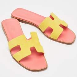 Pre Owned Hermes Yellow Suede Oran Flat Slides Size 38.5