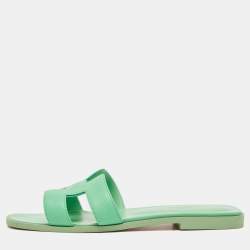 Hermes Green Leather Oran Flat Slides Size 38