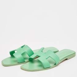 Hermes Green Leather Oran Flat Slides Size 38