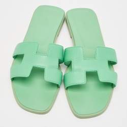 Hermes Green Leather Oran Flat Slides Size 38