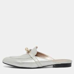 Hermes Silver Textured Suede Oz Flat Mules Size 39