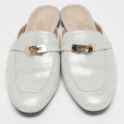 Hermes Silver Textured Suede Oz Flat Mules Size 39