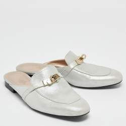 Hermes Silver Textured Suede Oz Flat Mules Size 39