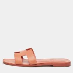 Hermes Orange Leather Oran Flat Slides Size 38