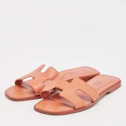 Hermes Orange Leather Oran Flat Slides Size 38