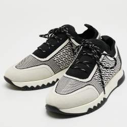 Hermes Grey/Black Knit Fabric and Suede C-addict Lace Up Sneakers Size 37.5