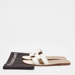Pre Owned Hermes White Leather Oran Flat Slides Size 39