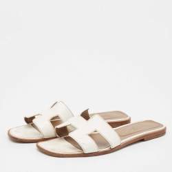 Pre Owned Hermes White Leather Oran Flat Slides Size 39