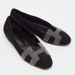 Pre Owned Hermes Black Suede and Crystal Nice Ballet Flats Size 37