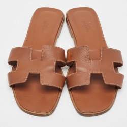 Hermes Brown Leather Oran Flat Slides Size 40 