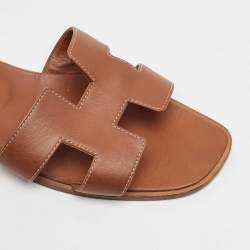 Hermes Brown Leather Oran Flat Slides Size 40 