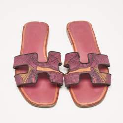 Hermes Tricolor Canvas Oran Flat Slides Size 41