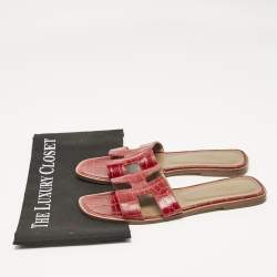 Hermes Red Crocodile Oran Flat Slides Size 39