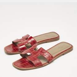 Hermes Red Crocodile Oran Flat Slides Size 39
