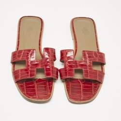 Hermes Red Crocodile Oran Flat Slides Size 39