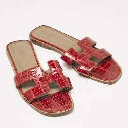 Hermes Red Crocodile Oran Flat Slides Size 39