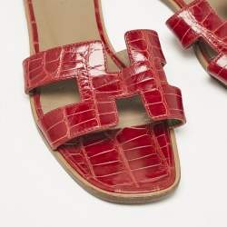 Hermes Red Crocodile Oran Flat Slides Size 39