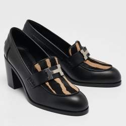 Hermes Black/Beige Calf Hair and Leather Dauphine Loafers Size 38