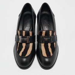 Hermes Black/Beige Calf Hair and Leather Dauphine Loafers Size 38