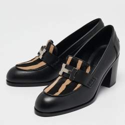 Hermes Black/Beige Calf Hair and Leather Dauphine Loafers Size 38