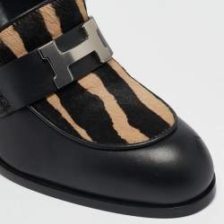 Hermes Black/Beige Calf Hair and Leather Dauphine Loafers Size 38