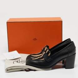 Hermes Black/Beige Calf Hair and Leather Dauphine Loafers Size 38