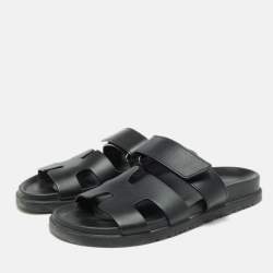 Hermes Black Leather Chypre Sandals Size 36.5