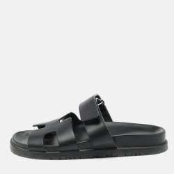 Hermes Black Leather Chypre Sandals Size 36.5