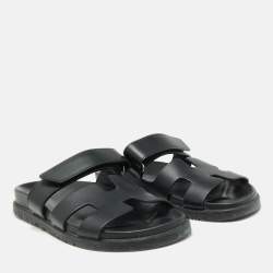Hermes Black Leather Chypre Sandals Size 36.5