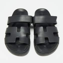 Hermes Black Leather Chypre Sandals Size 36.5