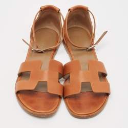 Hermes Brown Leather Santorini Ankle Strap Flat Sandals Size 37