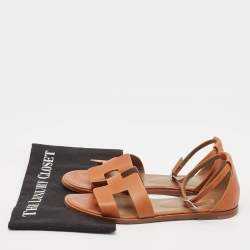 Hermes Brown Leather Santorini Ankle Strap Flat Sandals Size 37