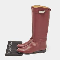 Pre Owned Hermes Burgundy Leather Kelly Jumping Knee Length Boots Size 38.5