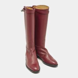 Pre Owned Hermes Burgundy Leather Kelly Jumping Knee Length Boots Size 38.5