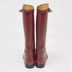 Pre Owned Hermes Burgundy Leather Kelly Jumping Knee Length Boots Size 38.5