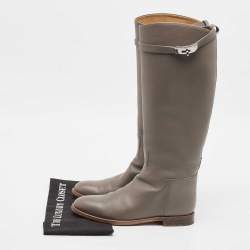 Pre Owned Hermes Grey Leather Kelly Jumping Knee Length Boots Size 39